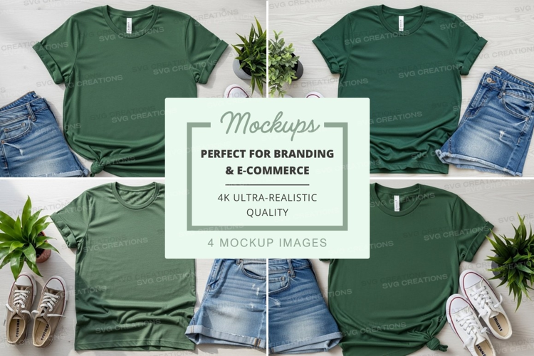 Green t-shirt mockup with denim shorts and sneakers