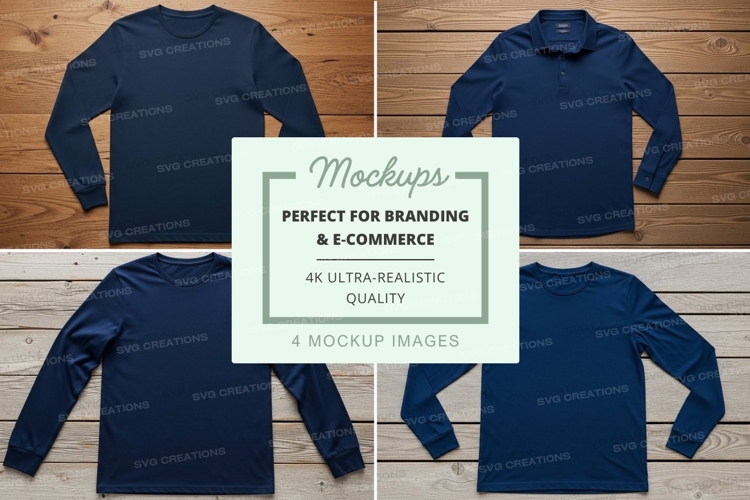 Four long sleeve t-shirt mockups on wooden background