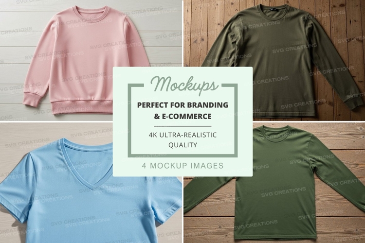 Four apparel mockups on wooden background