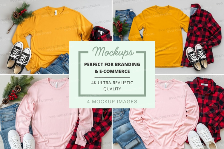 Flat lay mockup featuring yellow and pink long sleeve t-shir