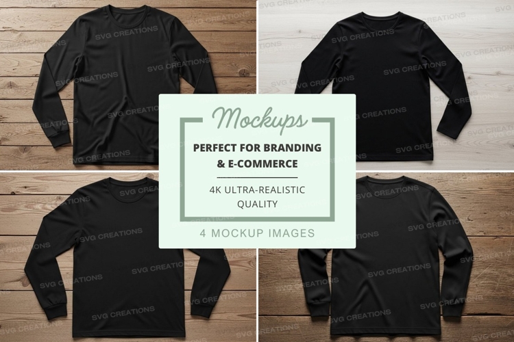 Black long sleeve t-shirt mockup on wooden background