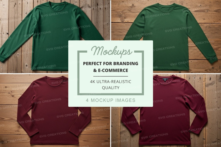 Long sleeve t-shirt mockup in green and burgundy