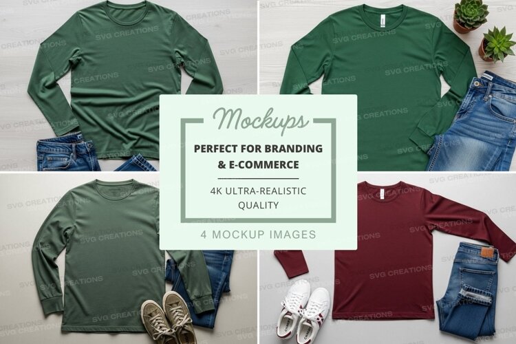 Long sleeve t-shirt mockup in green and burgundy example image 1