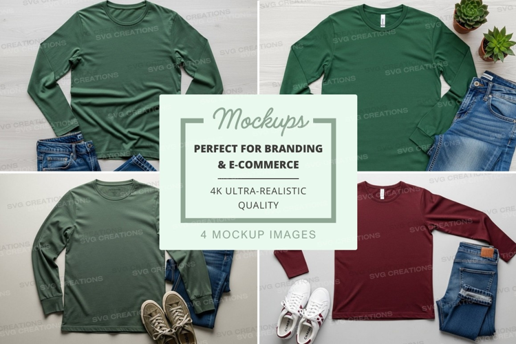 Long sleeve t-shirt mockup in green and burgundy