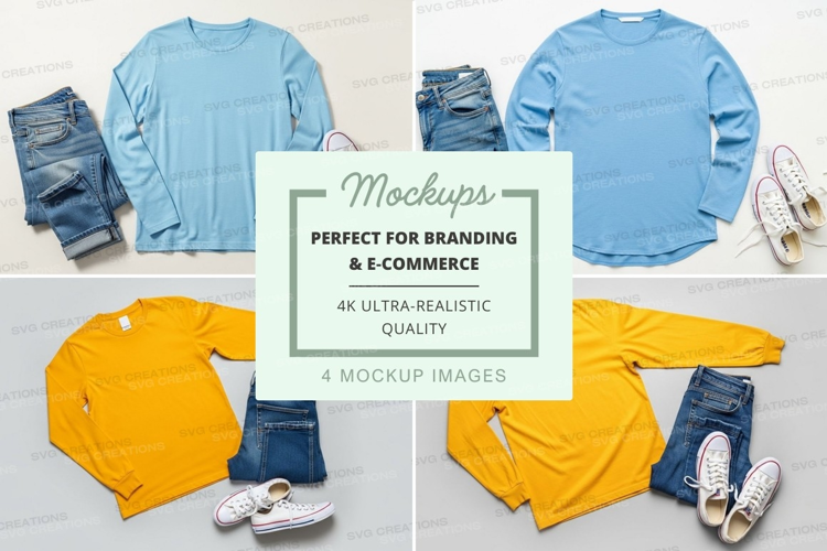 Flat lay mockup of long sleeve t-shirts with jeans and sneak