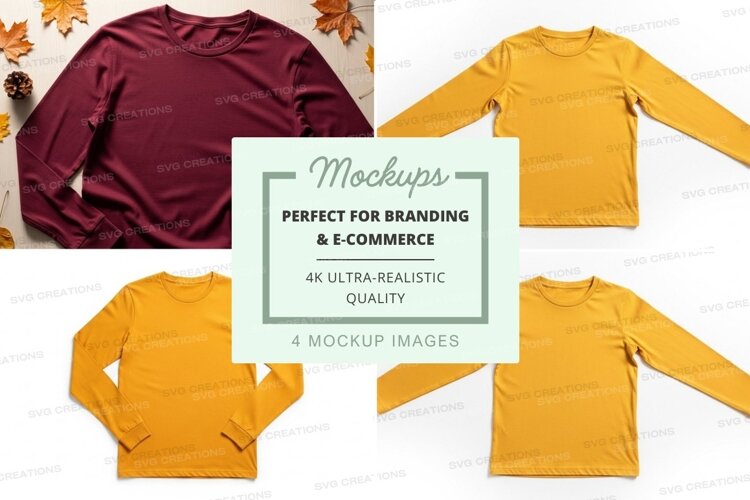 Long sleeve t-shirt mockup in burgundy and mustard example image 1