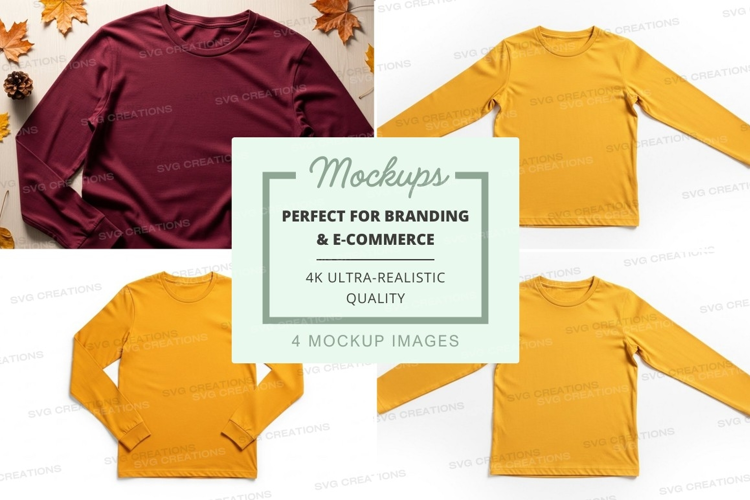 Long sleeve t-shirt mockup in burgundy and mustard