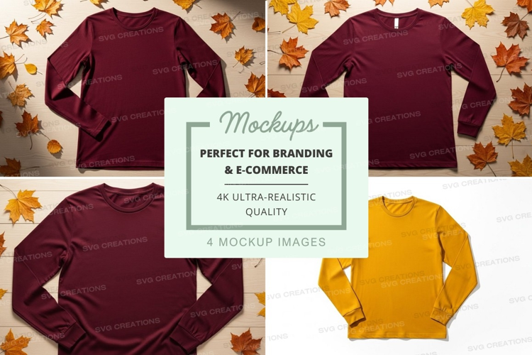 Long sleeve t-shirt mockup in burgundy and mustard colors