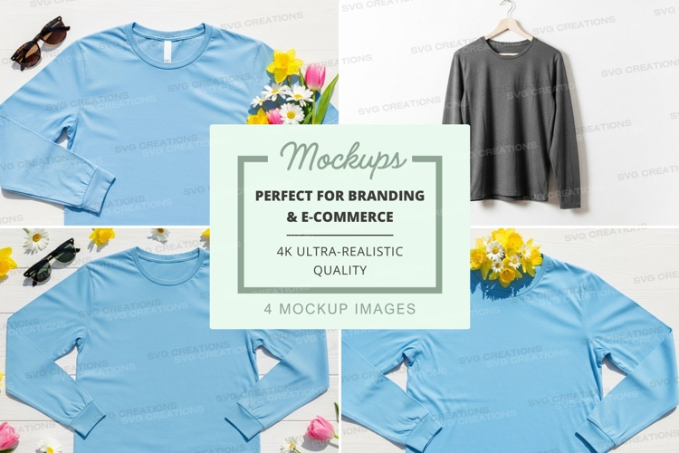 Flat lay mockup of long sleeve t-shirts with flowers and sun