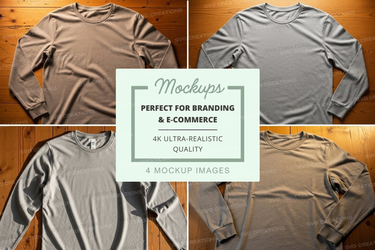 Four long-sleeve t-shirt mockups on wooden floor