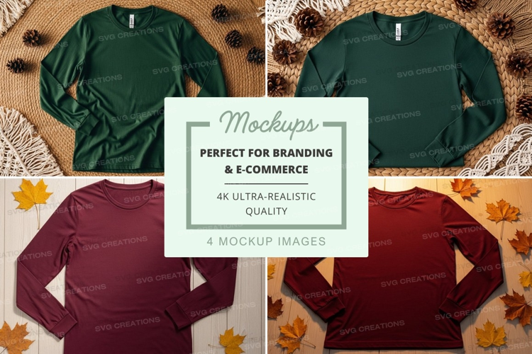 Long sleeve t-shirt mockup in green and burgundy