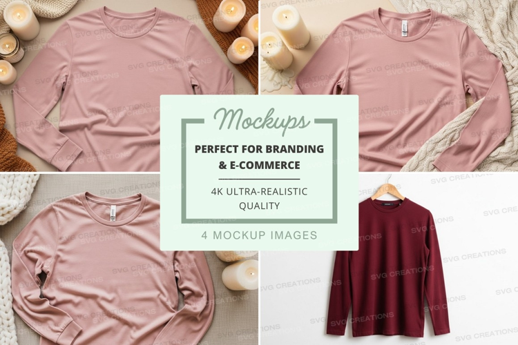 Long sleeve t-shirt mockup in light pink and burgundy