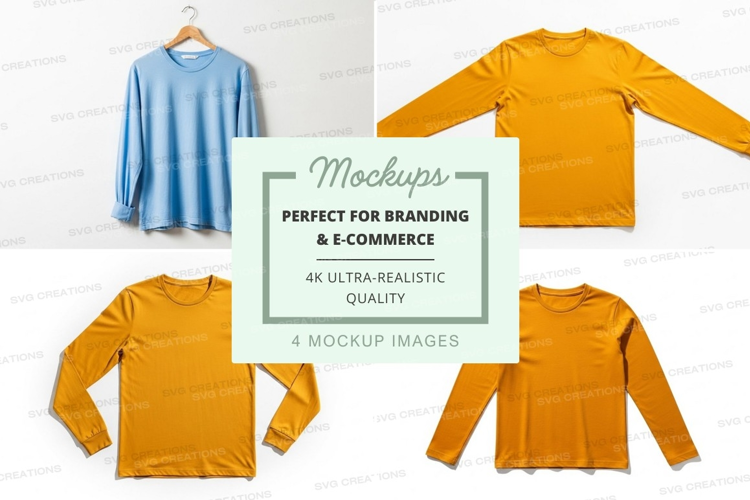 Long sleeve t-shirt mockup in light blue and mustard colors