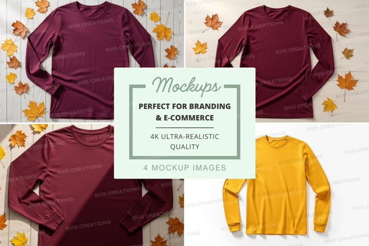 Four long-sleeve t-shirt mockups in different colors