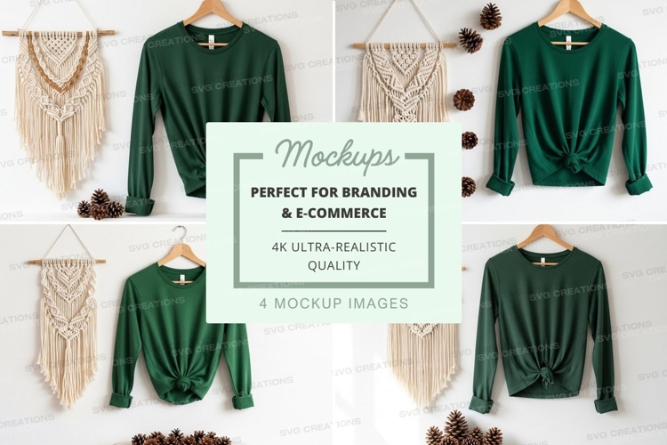 Green long sleeve t-shirt mockup with macrame wall art