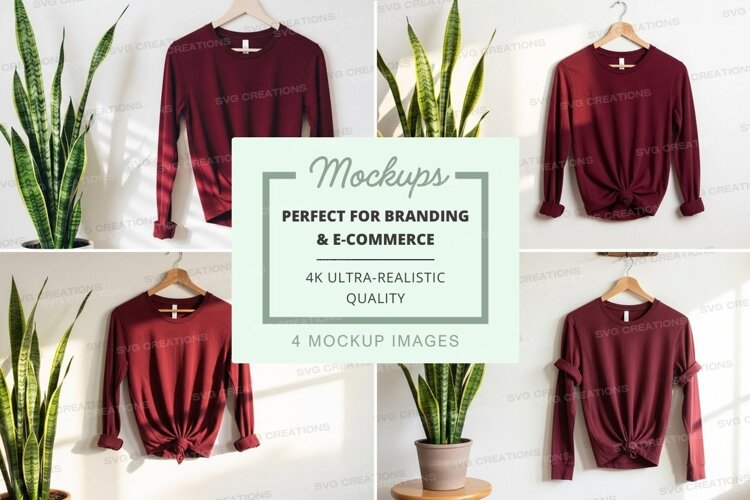 Mockup of burgundy long sleeve t-shirt with knot detail example image 1