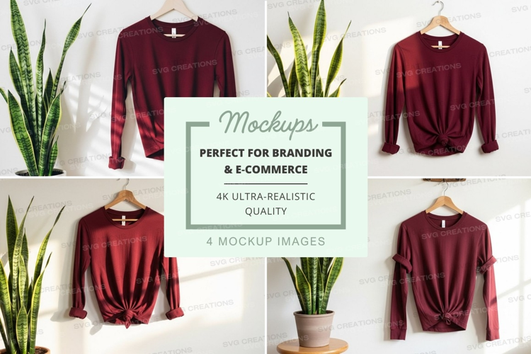 Mockup of burgundy long sleeve t-shirt with knot detail