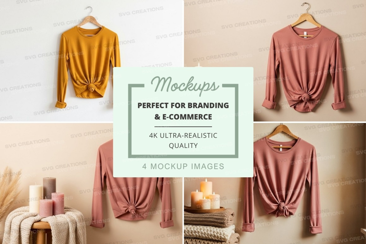 Four long sleeve t-shirt mockups with knot detail