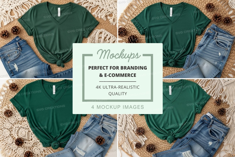 Dark green t-shirt mockup with denim shorts