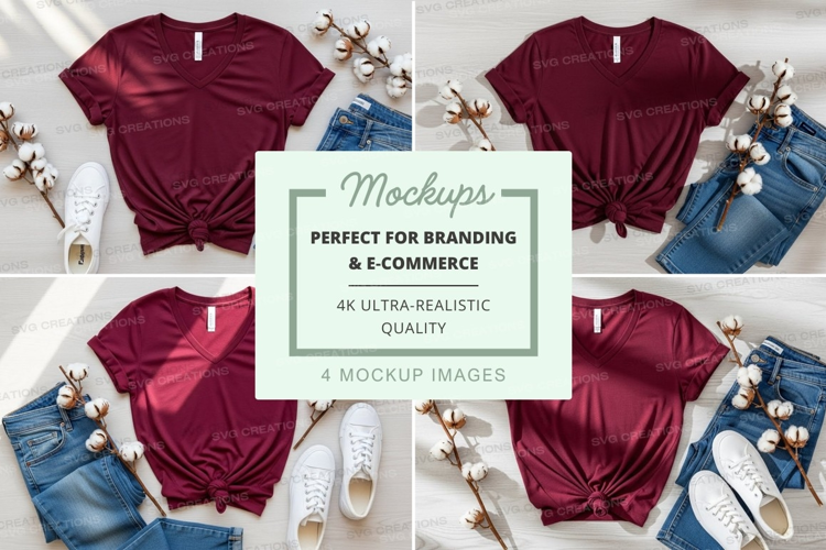 Burgundy t-shirt mockup with jeans and sneakers