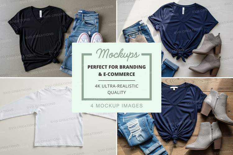 Flat lay mockup of t-shirts with jeans and shoes