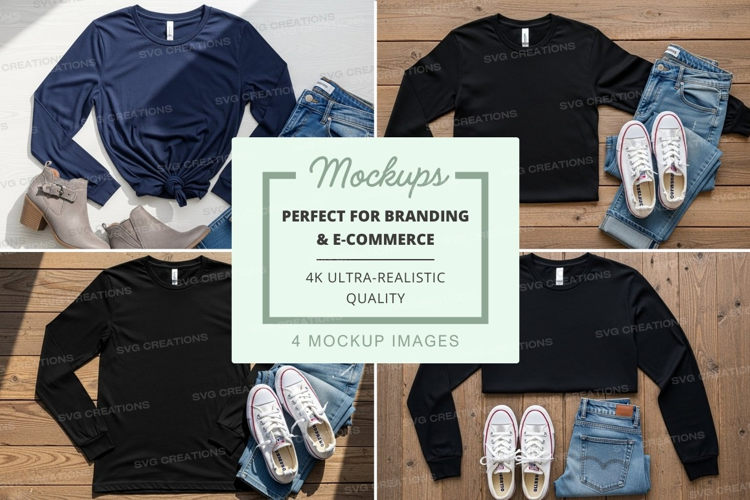 Four long sleeve t-shirt mockups with casual outfits