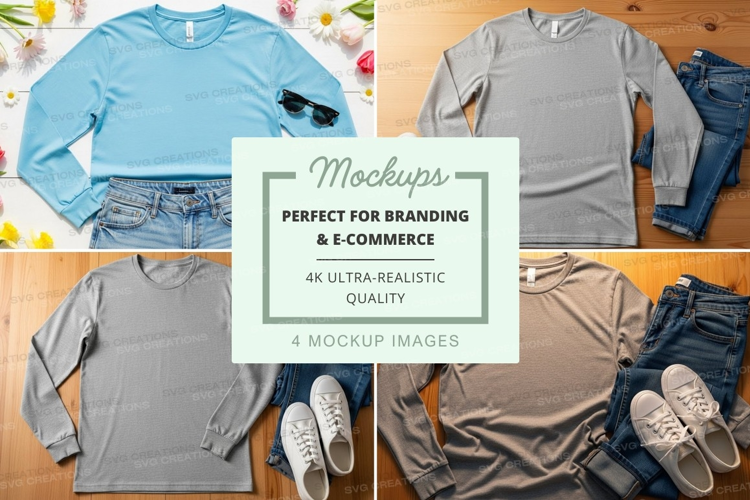 Flat lay mockup featuring long sleeve t-shirts and casual ou