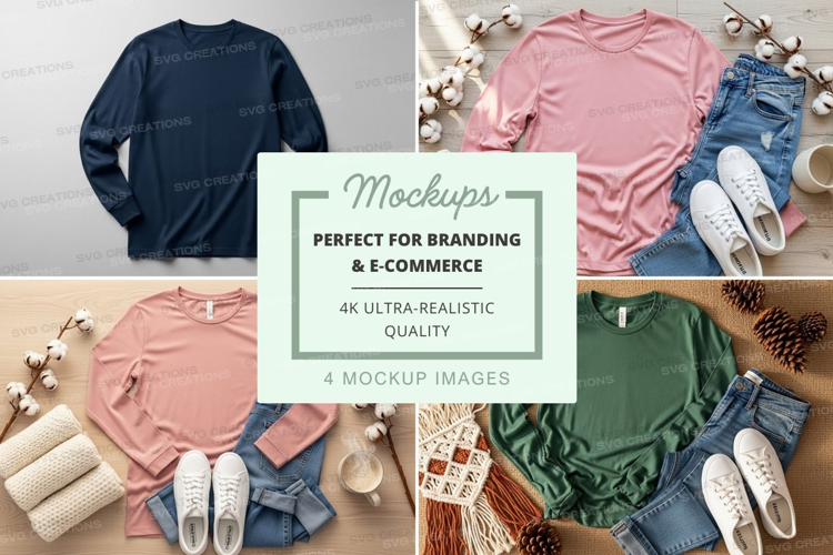 Four long sleeve t-shirt mockups in different colors