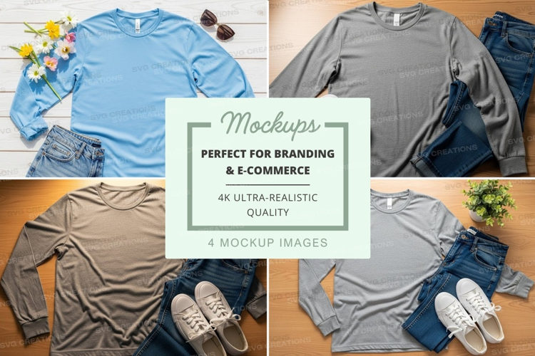 Flat lay mockup of long sleeve t-shirts with accessories