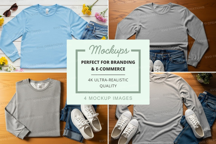 Flat lay mockup of t-shirts and jeans with sneakers
