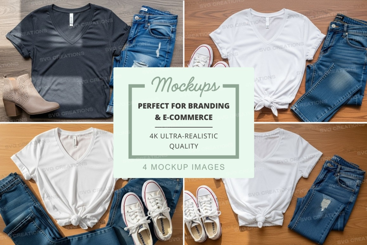 Flat lay mockup of t-shirts, jeans, and sneakers