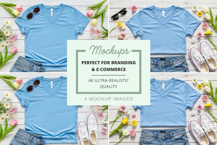 Light blue v-neck t-shirt mockup with accessories