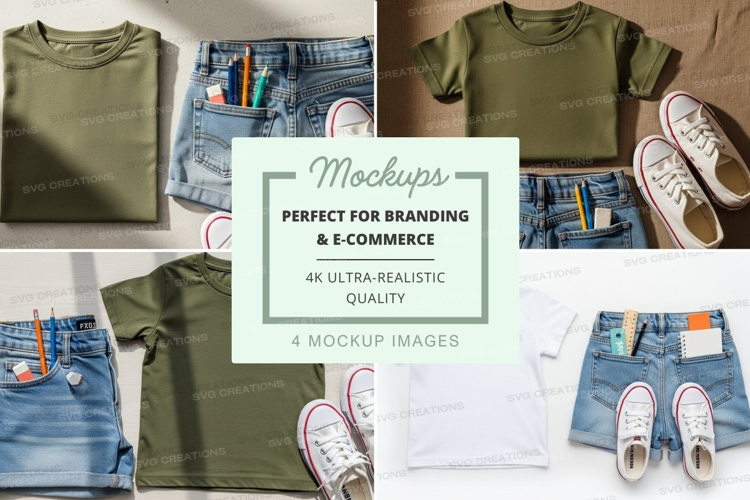 T-shirt mockup with denim shorts and sneakers