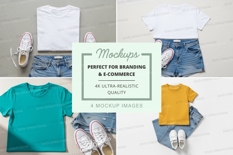 Flat lay mockup of t-shirts, shorts, and sneakers
