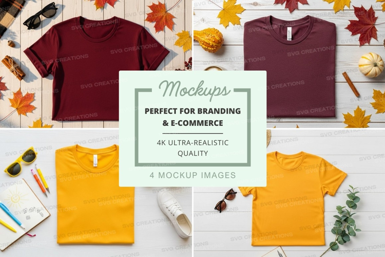 Flat lay mockup of t-shirts with autumn decorations