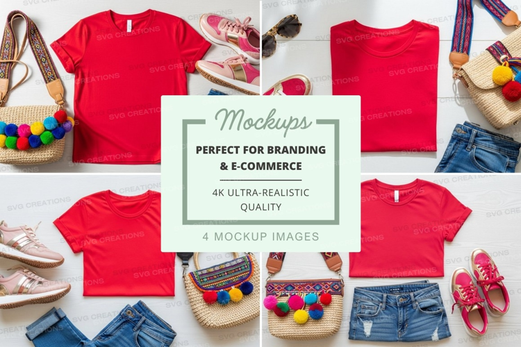 Red t-shirt mockup with accessories