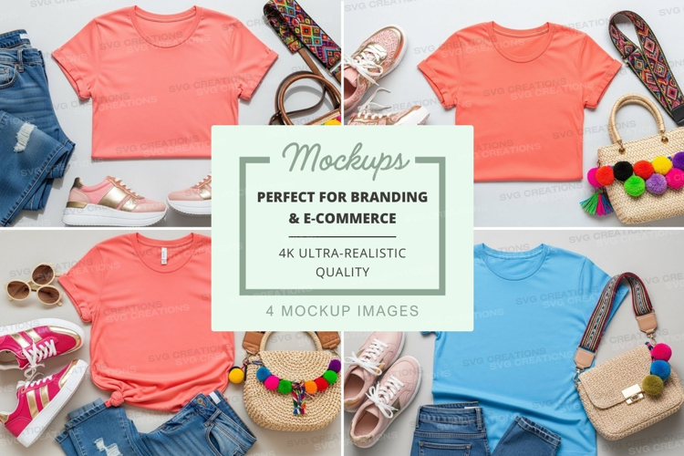 Flat lay mockup of t-shirts with accessories