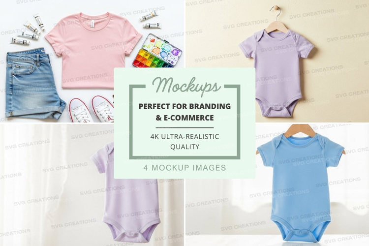 Mockup of baby onesies in various colors