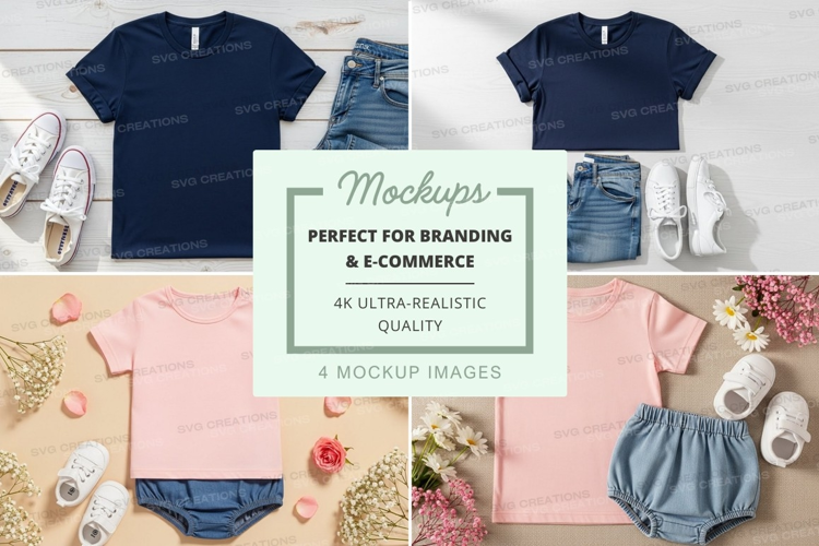 Children's clothing mockup featuring t-shirts and shorts