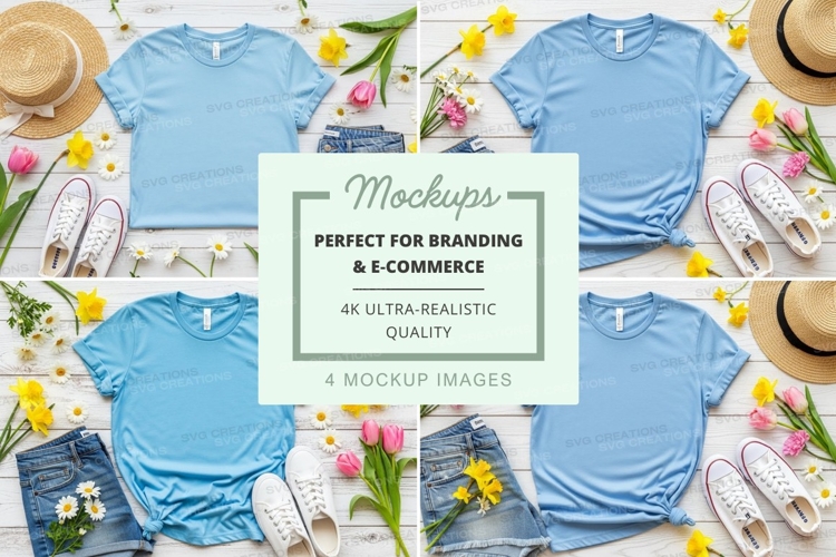 Light blue t-shirt mockup with denim shorts and spring acces