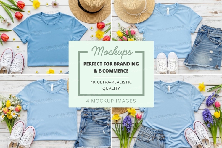 Light blue t-shirt mockup with summer accessories