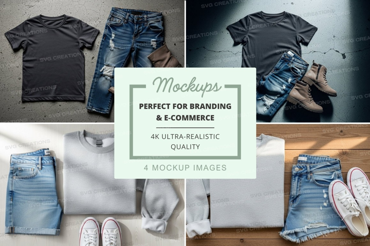Flat lay mockup of casual outfits with t-shirts and jeans