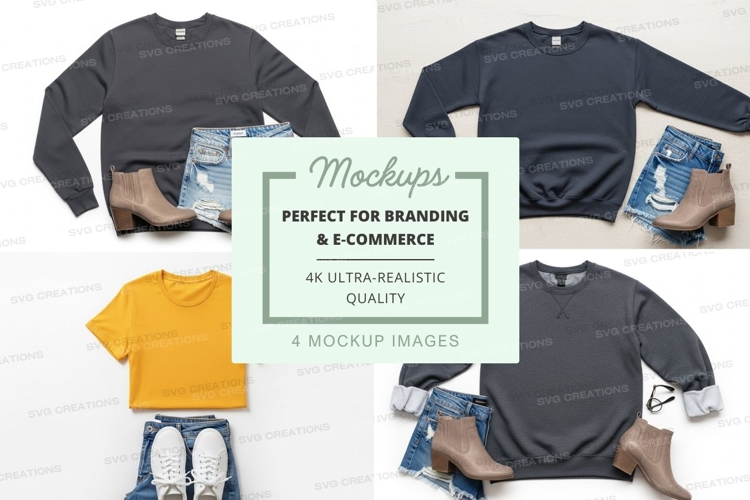 Four apparel mockups featuring sweatshirts and t-shirts with
