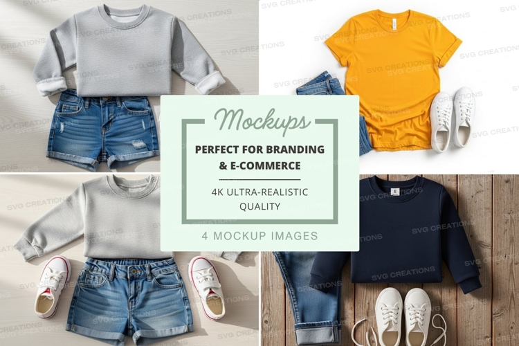 Flat lay mockup of casual outfits with t-shirts and sweatshi