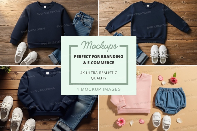 Kids clothing mockup - crew neck sweatshirts and jeans