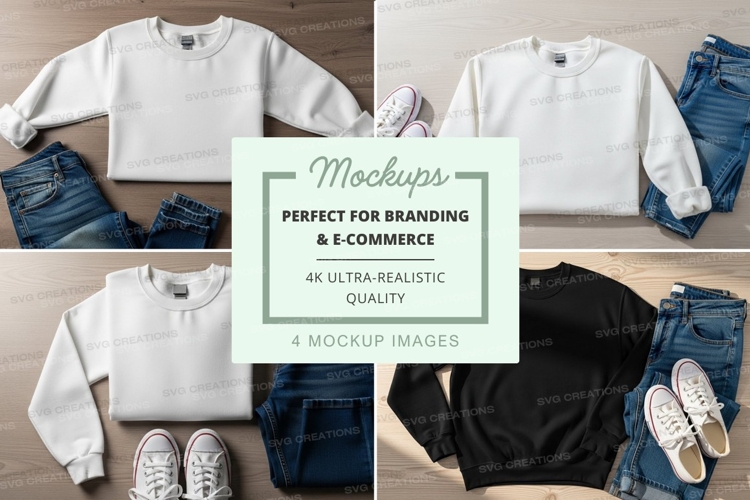 Flat lay mockup of sweatshirts and jeans with sneakers