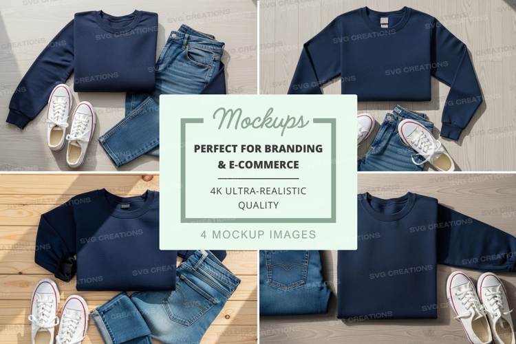Outfit mockup - blue sweater, blue jeans, and white sneakers