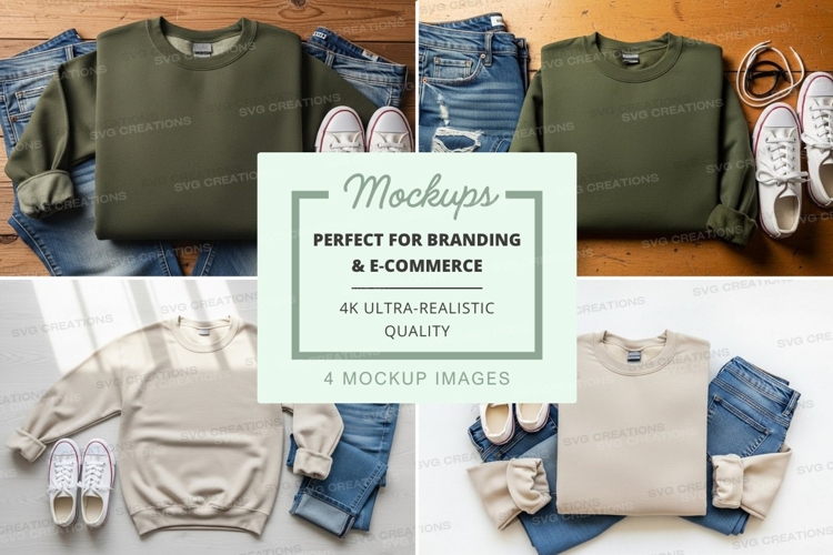 Flat lay mockup of outfits with sweatshirts, jeans, and snea