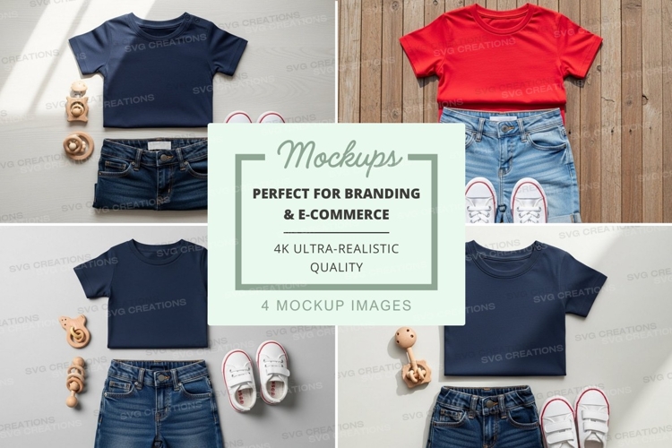 Childrens clothing mockup - t-shirts and jeans