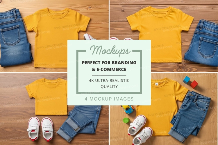 Flat lay mockup of kids outfit with yellow t-shirt, blue je